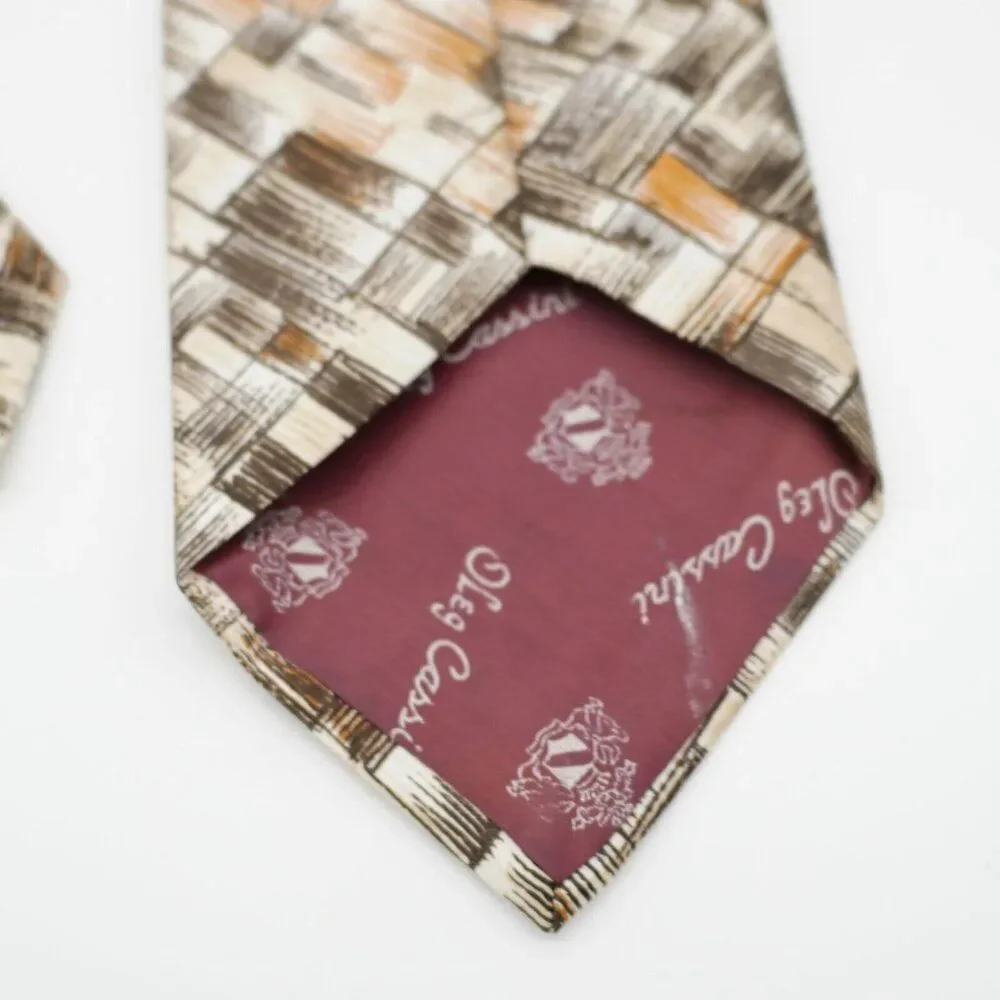 Oleg Cassini Deco Art Abstract Print Brown Polyester Short Wide Tie‎